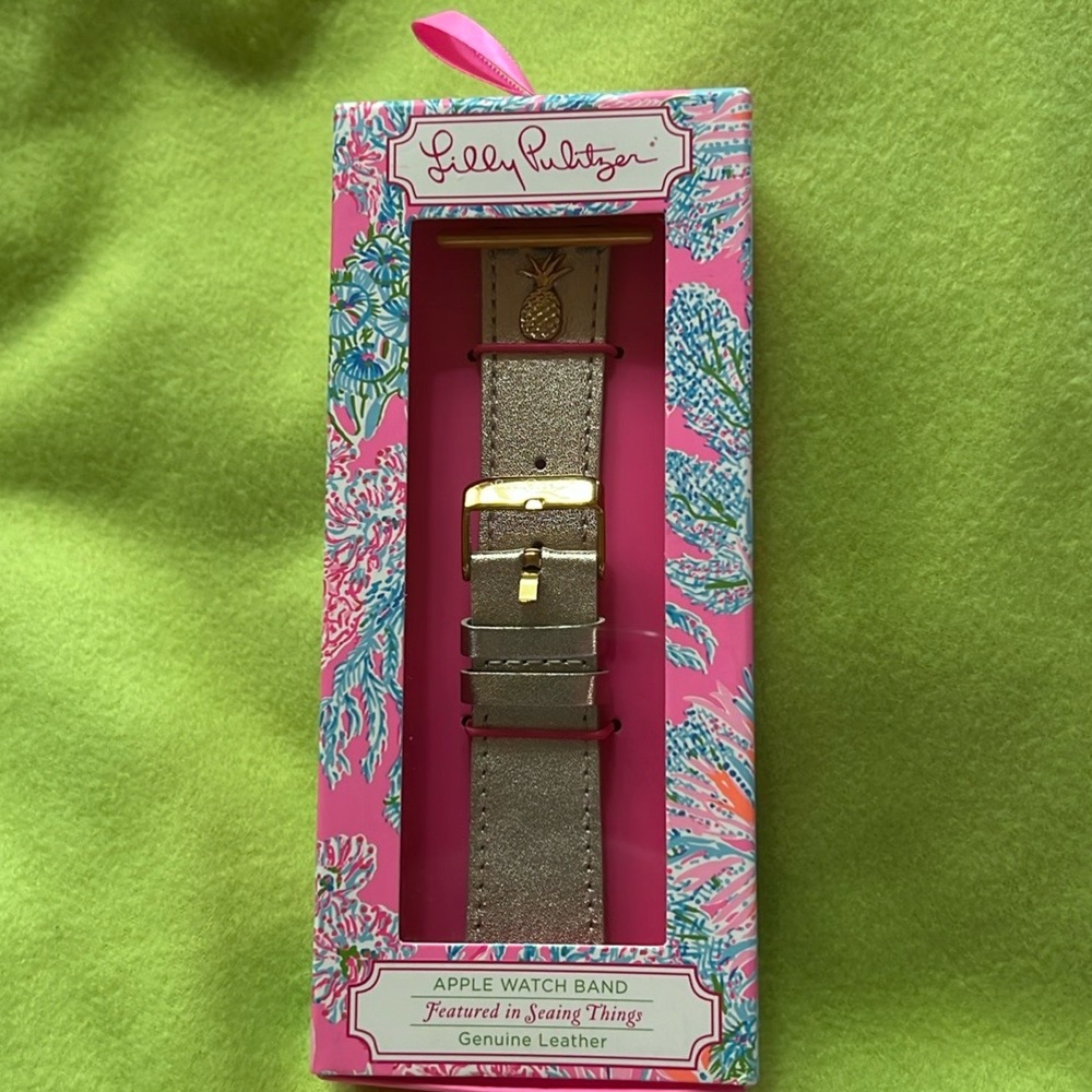 Lilly Pulitzer gold leather Prosecco Pink Sealing Things Apple Watch Band NWT